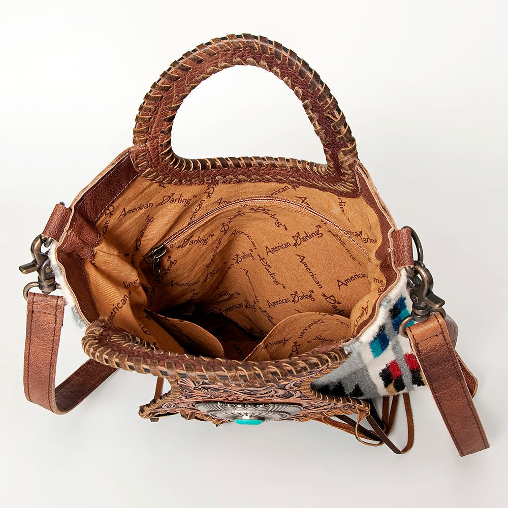 American Darling Clutch Bag Western Leather Hand Tooled Floral Carved Hair-On Cowhide Turquoise Concho & Fringes 14x12