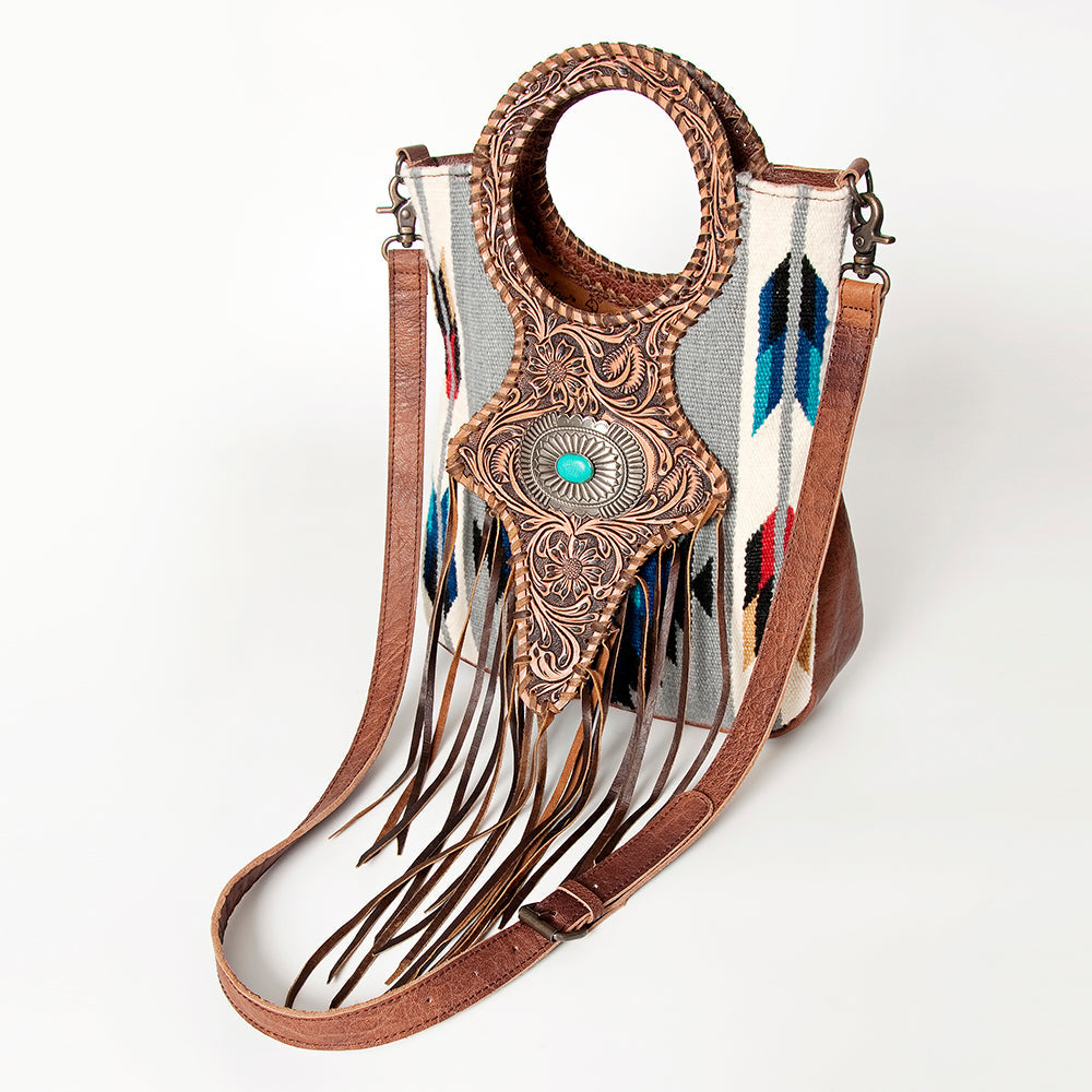 American Darling Clutch Bag Western Leather Hand Tooled Floral Carved Hair-On Cowhide Turquoise Concho & Fringes 14x12
