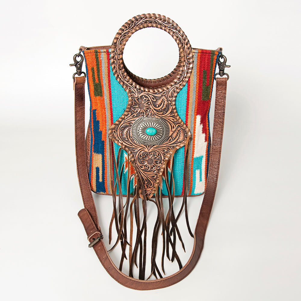 American Darling Clutch Bag Western Leather Hand Tooled Floral Carved Hair-On Cowhide Turquoise Concho & Fringes 14x12