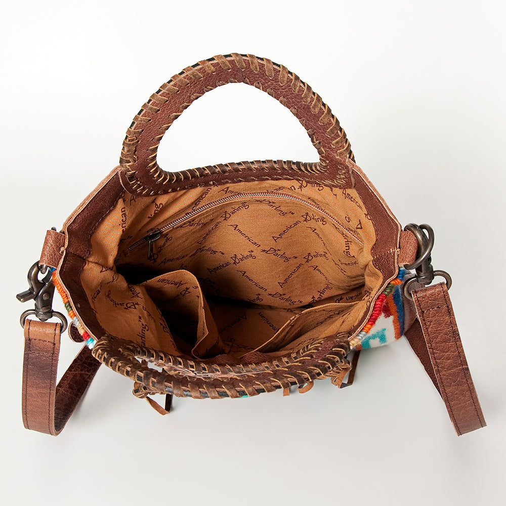 American Darling Clutch Bag Western Leather Hand Tooled Floral Carved Hair-On Cowhide Turquoise Concho & Fringes 14x12