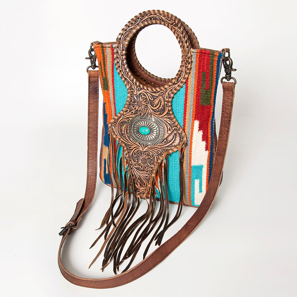 American Darling Clutch Bag Western Leather Hand Tooled Floral Carved Hair-On Cowhide Turquoise Concho & Fringes 14x12