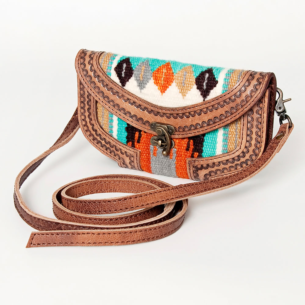 American Darling Small Cross body Bag Western Leather Hand Tooled Hand-Woven Saddle Blanket Genuine Leather 4.5x9