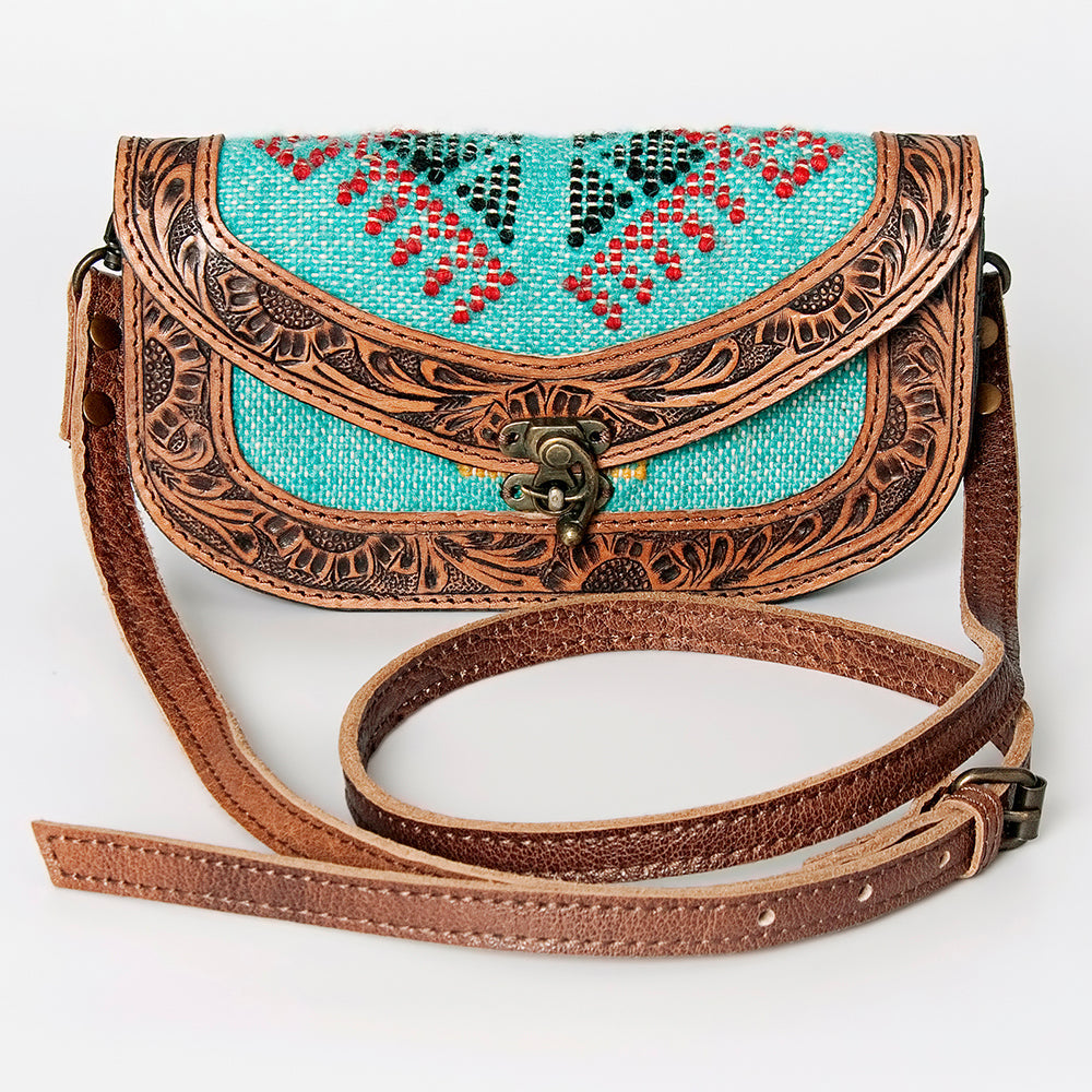 American Darling Small Cross body Bag Western Leather Hand Tooled Hand-Woven Saddle Blanket Genuine Leather 4.5x9