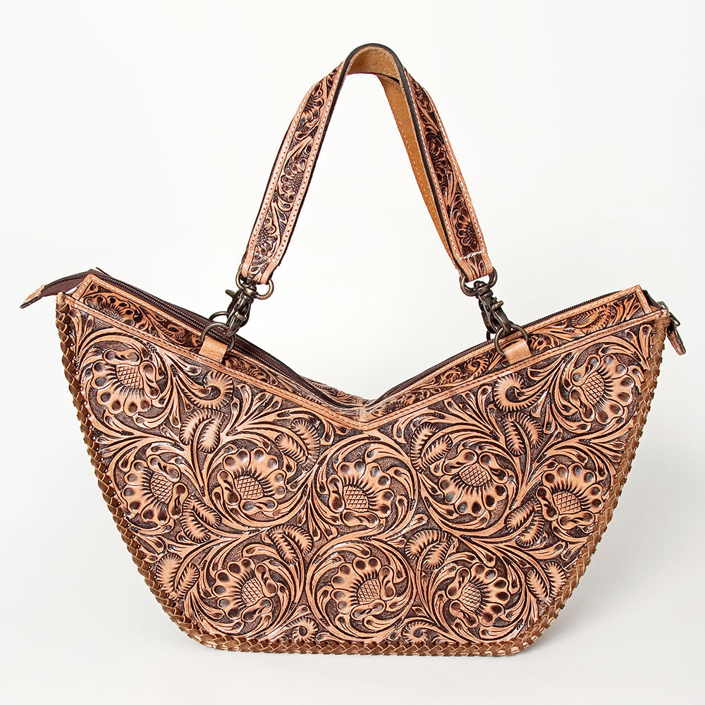 American Darling Tote Bag Western Leather Hand Tooled Floral Carved Full Grain Vegetable Tanned Genuine Leather 13x19
