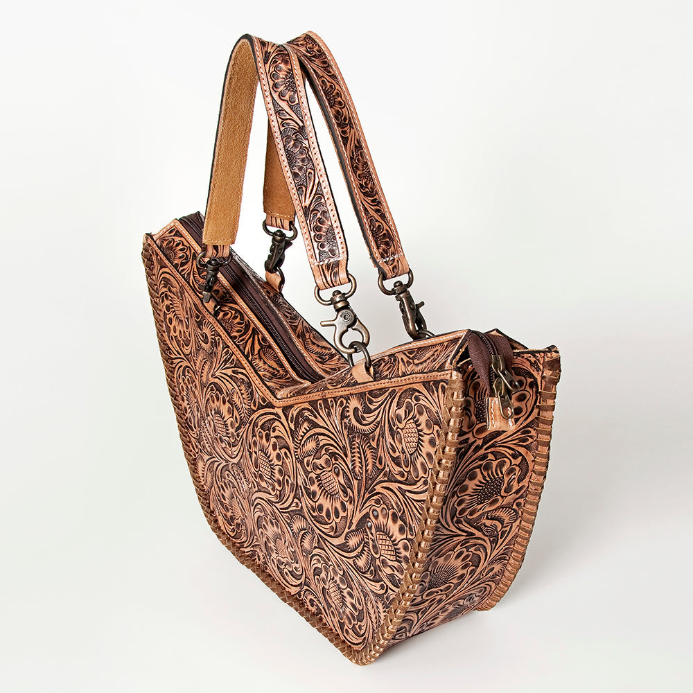 American Darling Tote Bag Western Leather Hand Tooled Floral Carved Full Grain Vegetable Tanned Genuine Leather 13x19