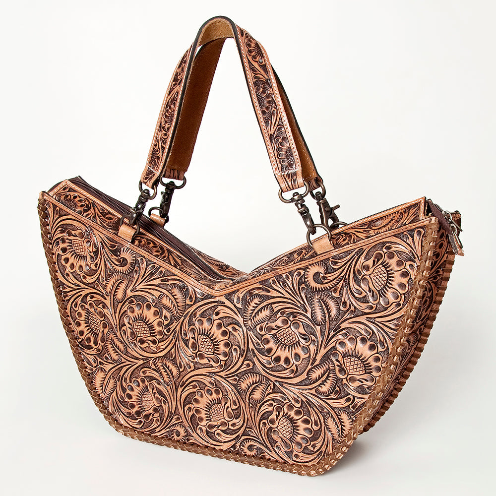 American Darling Tote Bag Western Leather Hand Tooled Floral Carved Full Grain Vegetable Tanned Genuine Leather 13x19