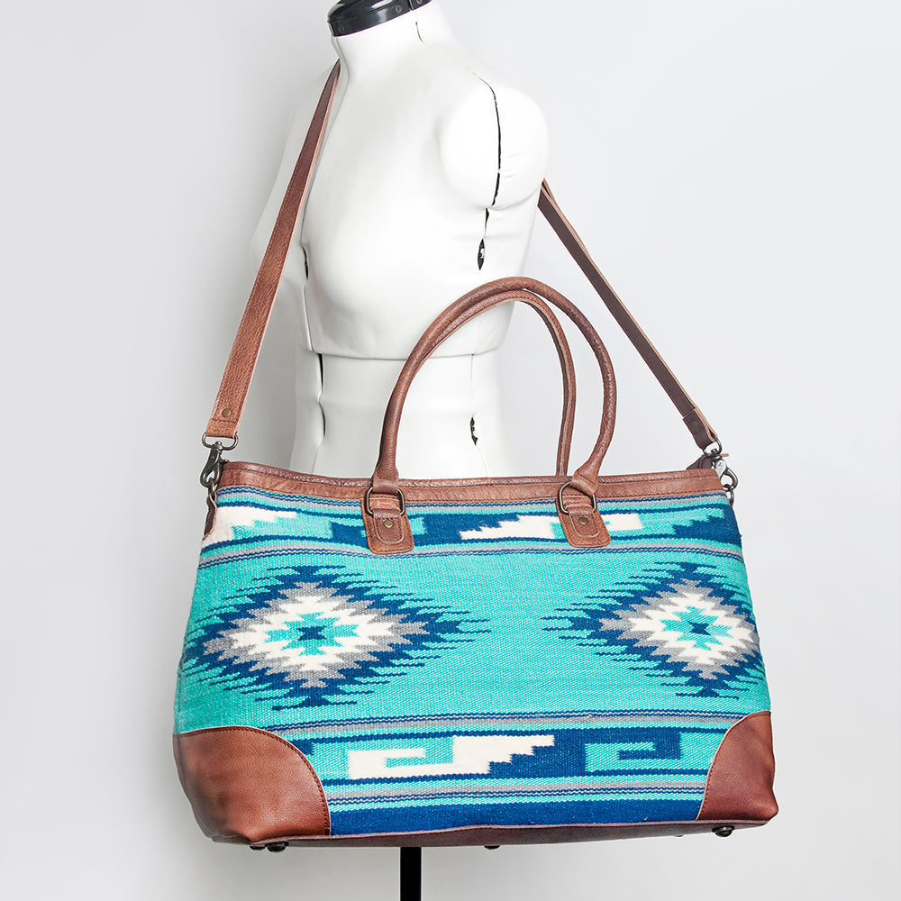 American Darling Tote Bag Western Leather Hand Woven Saddle Blanket Large Travel Purse Genuine Leather 15in x 21in