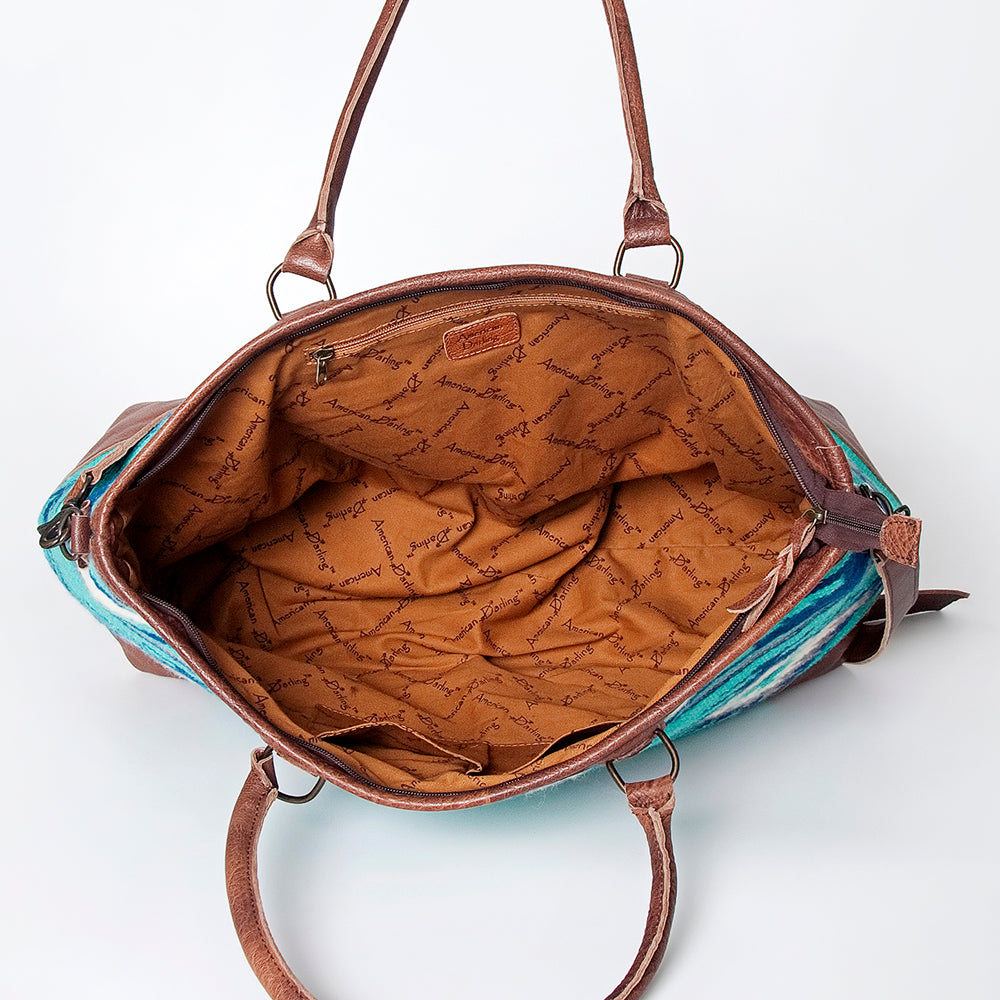 American Darling Tote Bag Western Leather Hand Woven Saddle Blanket Large Travel Purse Genuine Leather 15in x 21in