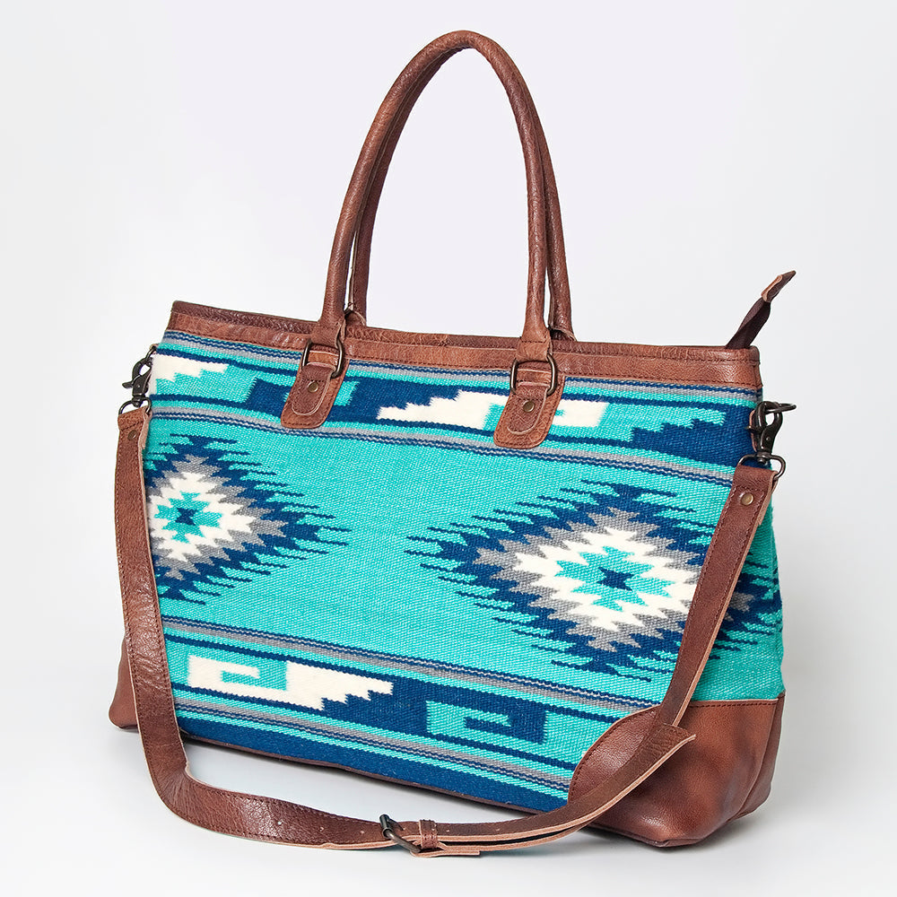 American Darling Tote Bag Western Leather Hand Woven Saddle Blanket Large Travel Purse Genuine Leather 15in x 21in
