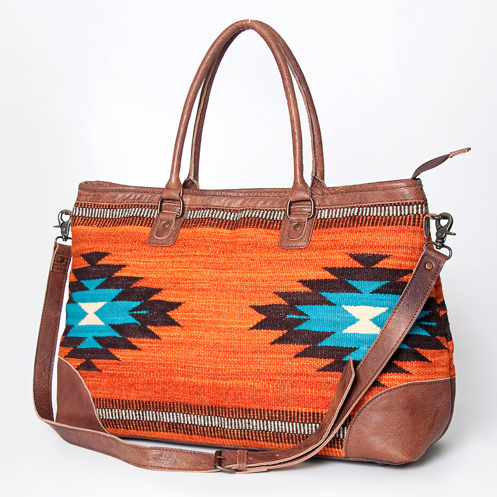 American Darling Tote Bag Western Leather Hand Woven Saddle Blanket Large Travel Purse Genuine Leather 15in x 21in