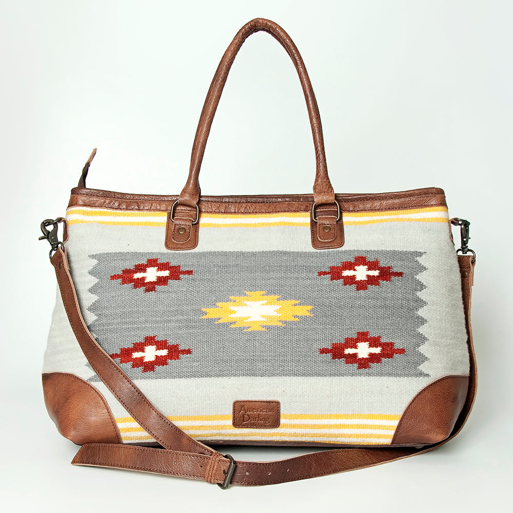 American Darling Tote Bag Western Leather Hand Woven Saddle Blanket Large Travel Purse Genuine Leather 15in x 21in