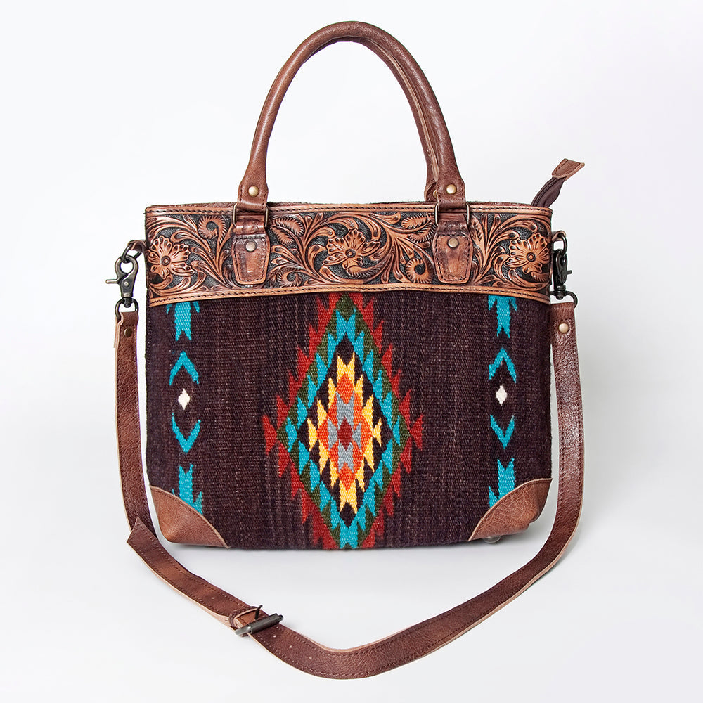 American Darling Tote Bag Western Leather Hand Tooled Floral Carved Hand Woven Saddle Blanket Genuine Leather 12x16