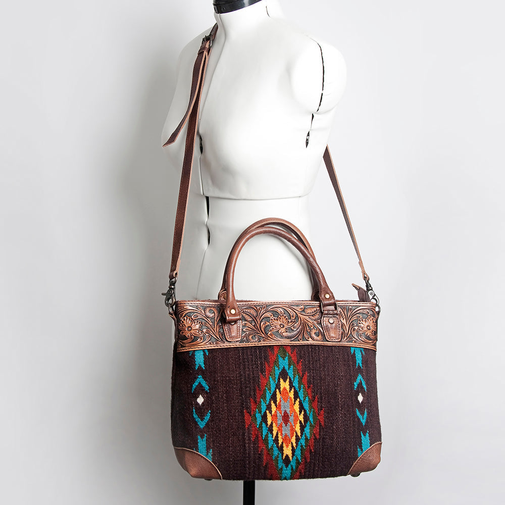 American Darling Tote Bag Western Leather Hand Tooled Floral Carved Hand Woven Saddle Blanket Genuine Leather 12x16