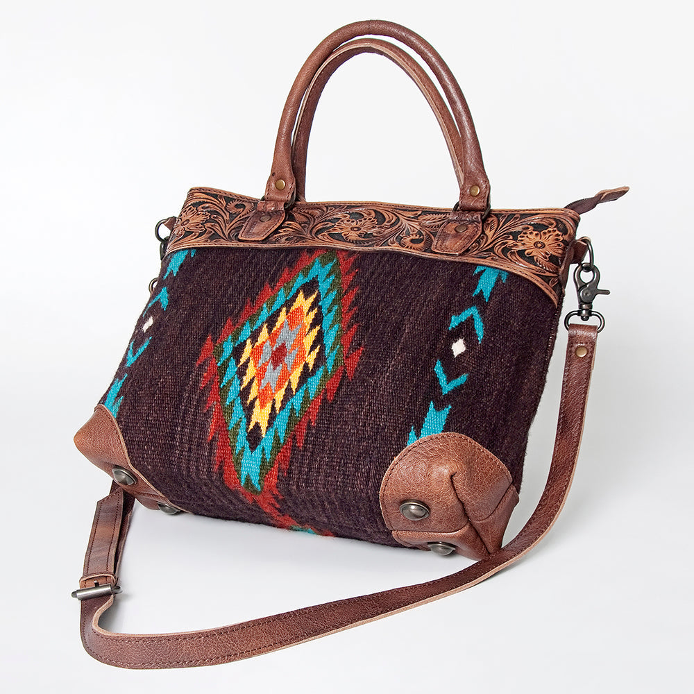 American Darling Tote Bag Western Leather Hand Tooled Floral Carved Hand Woven Saddle Blanket Genuine Leather 12x16