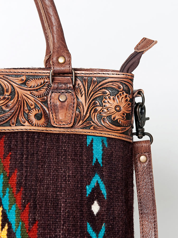 American Darling Tote Bag Western Leather Hand Tooled Floral Carved Hand Woven Saddle Blanket Genuine Leather 12x16
