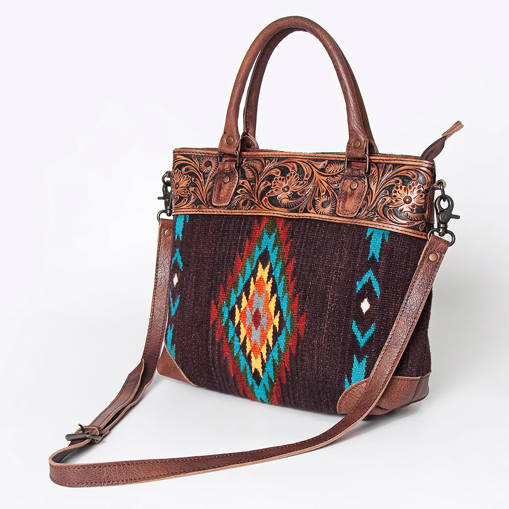 American Darling Tote Bag Western Leather Hand Tooled Floral Carved Hand Woven Saddle Blanket Genuine Leather 12x16