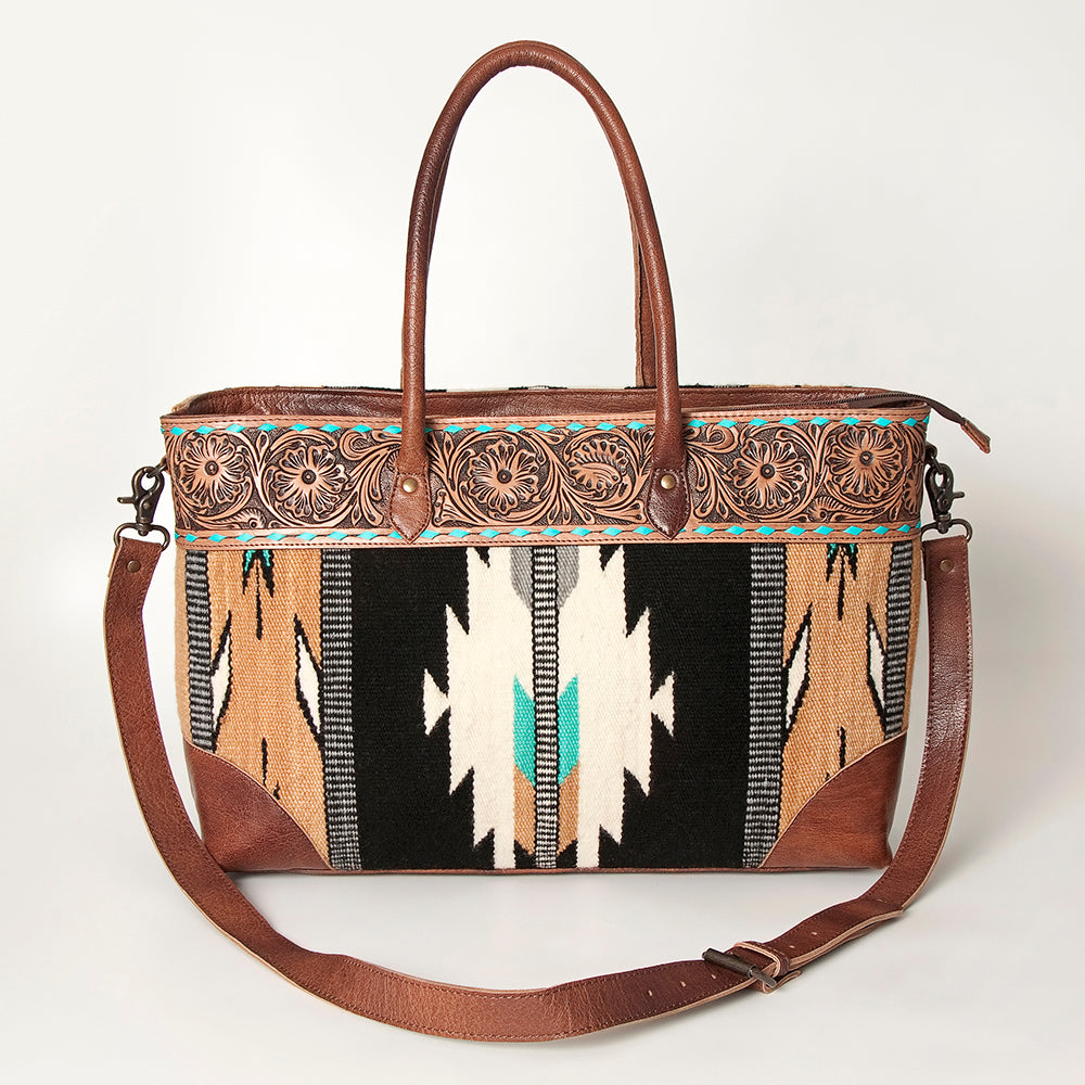 American Darling Tote Bag Western Leather Hand Tooled Floral Carved Hand Woven Saddle Blanket Genuine Leather 12x16