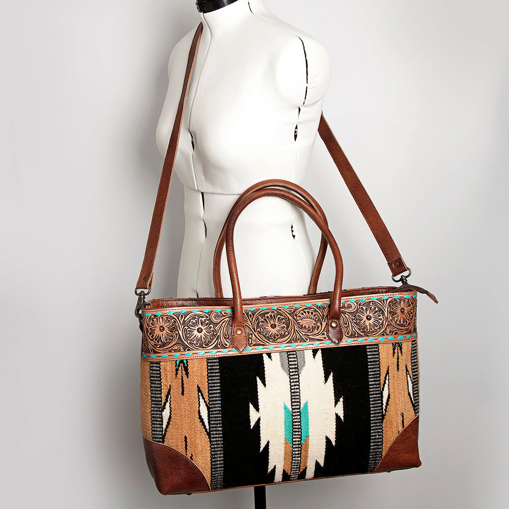 American Darling Tote Bag Western Leather Hand Tooled Floral Carved Hand Woven Saddle Blanket Genuine Leather 12x16