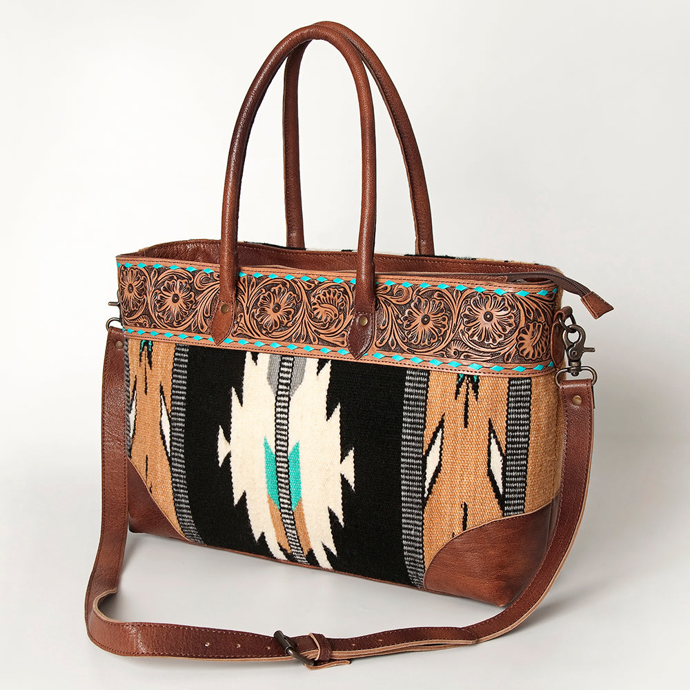 American Darling Tote Bag Western Leather Hand Tooled Floral Carved Hand Woven Saddle Blanket Genuine Leather 12x16