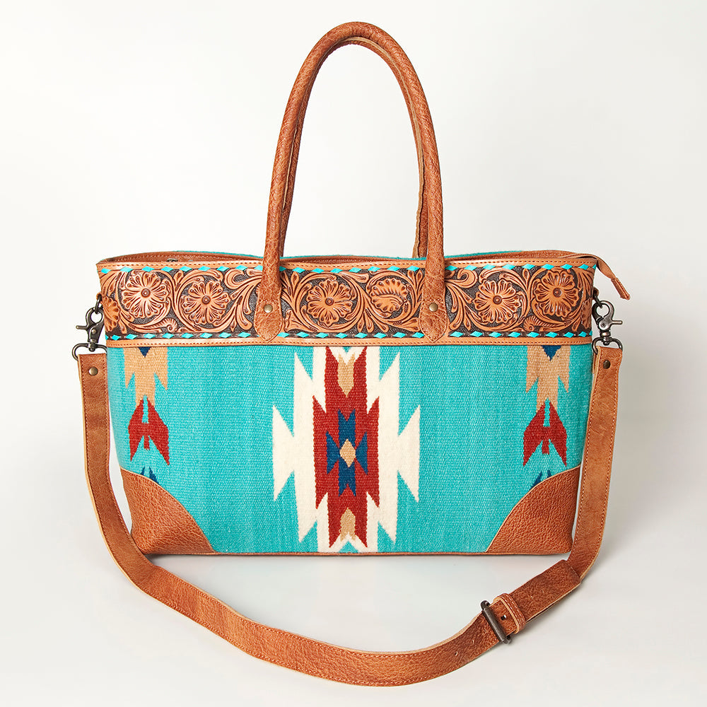 American Darling Tote Bag Western Leather Hand Tooled Floral Carved Hand Woven Saddle Blanket Genuine Leather 12x16