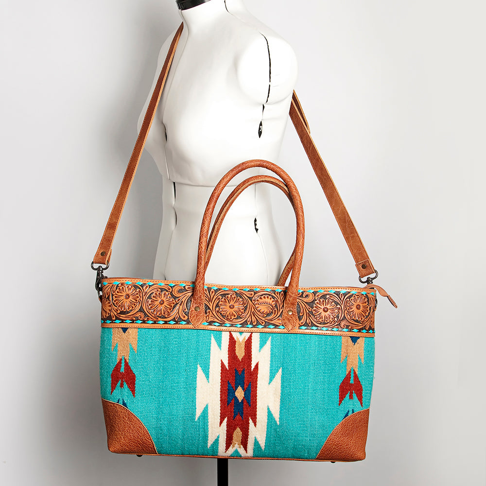 American Darling Tote Bag Western Leather Hand Tooled Floral Carved Hand Woven Saddle Blanket Genuine Leather 12x16