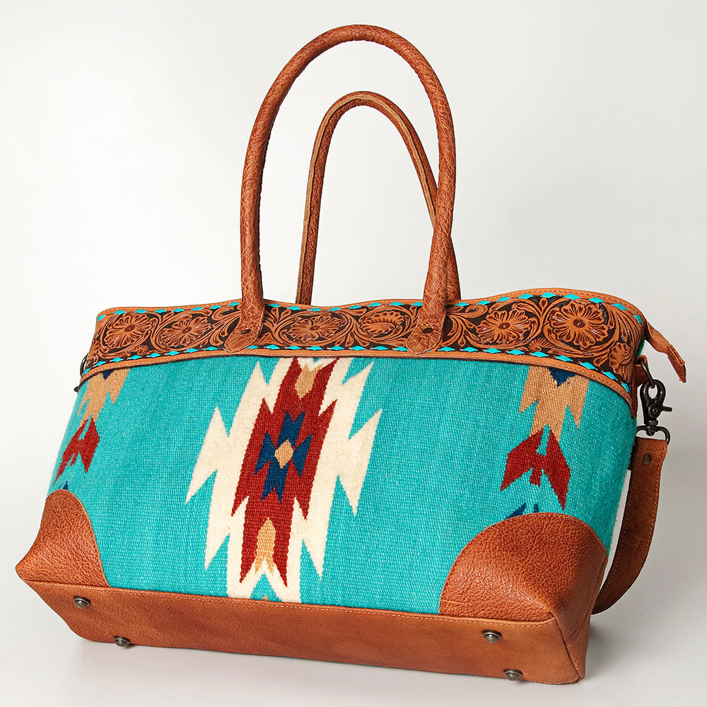 American Darling Tote Bag Western Leather Hand Tooled Floral Carved Hand Woven Saddle Blanket Genuine Leather 12x16