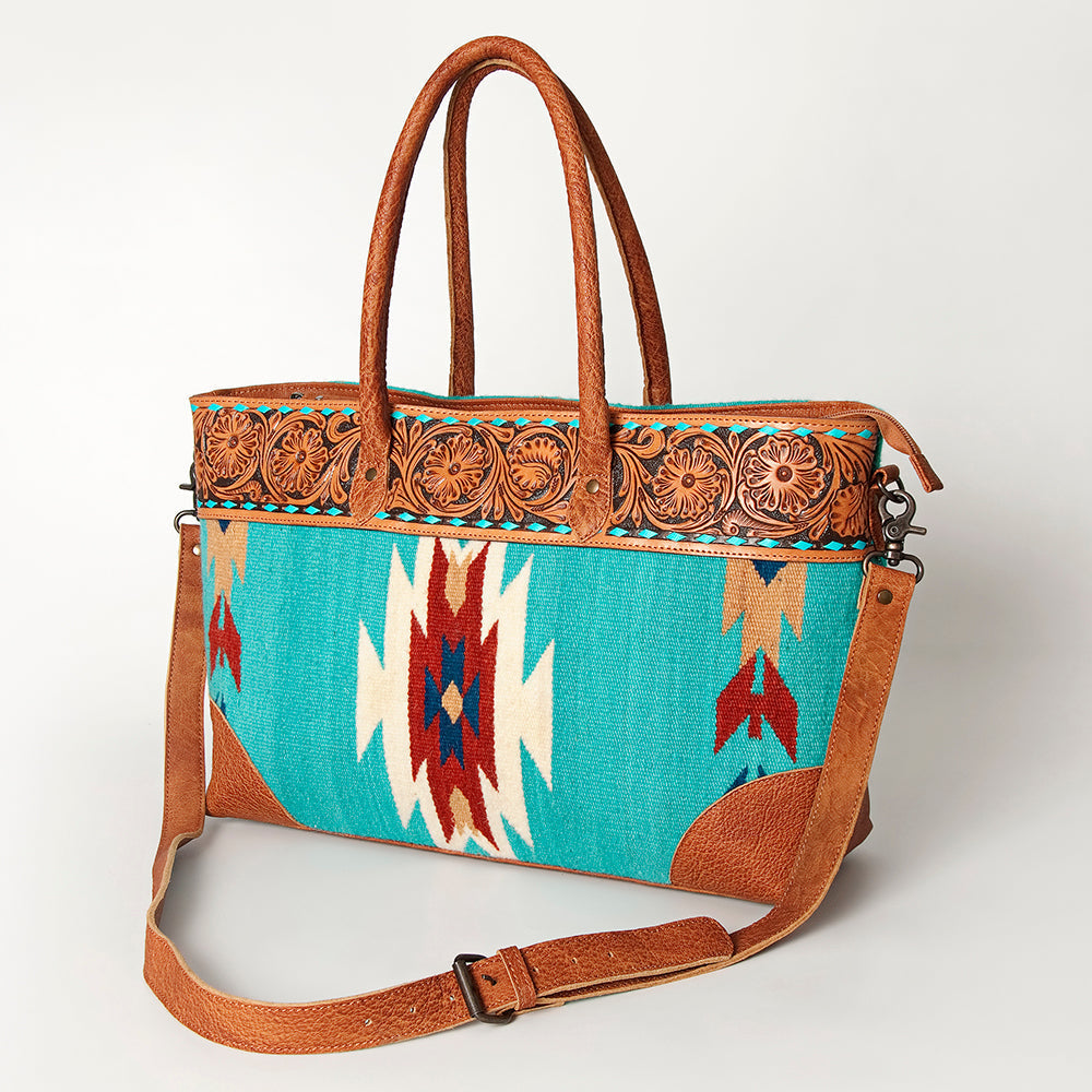 American Darling Tote Bag Western Leather Hand Tooled Floral Carved Hand Woven Saddle Blanket Genuine Leather 12x16