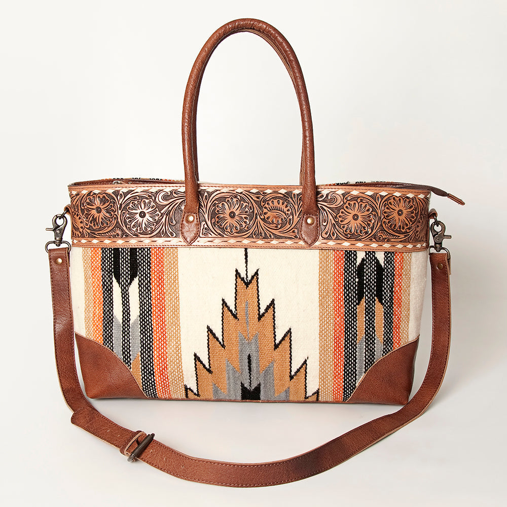 American Darling Tote Bag Western Leather Hand Tooled Floral Carved Hand Woven Saddle Blanket Genuine Leather 12x16