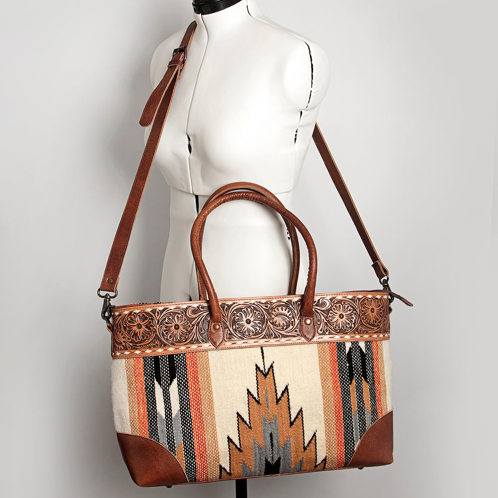 American Darling Tote Bag Western Leather Hand Tooled Floral Carved Hand Woven Saddle Blanket Genuine Leather 12x16