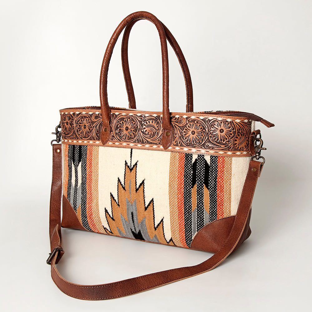 American Darling Tote Bag Western Leather Hand Tooled Floral Carved Hand Woven Saddle Blanket Genuine Leather 12x16