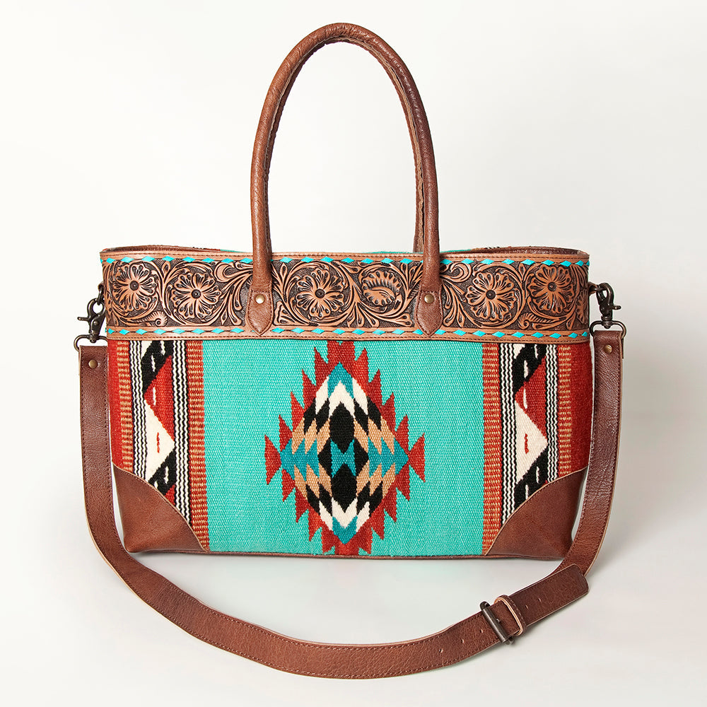 American Darling Tote Bag Western Leather Hand Tooled Floral Carved Hand Woven Saddle Blanket Genuine Leather 12x16