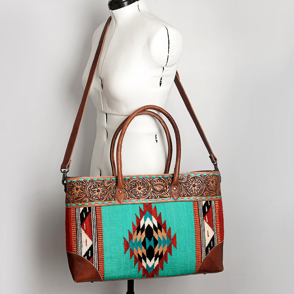 American Darling Tote Bag Western Leather Hand Tooled Floral Carved Hand Woven Saddle Blanket Genuine Leather 12x16