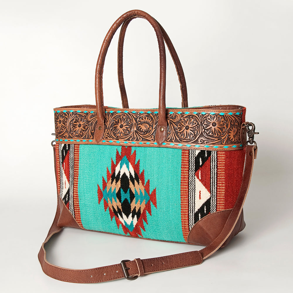 American Darling Tote Bag Western Leather Hand Tooled Floral Carved Hand Woven Saddle Blanket Genuine Leather 12x16