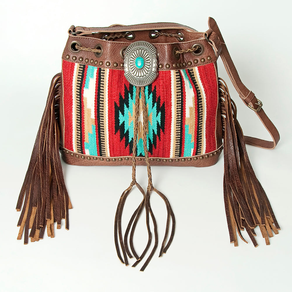 American Darling Bucket Bag Western Leather Hand Woven Saddle Blanket Turquoise Concho Fringes Tassels 11in x 14in