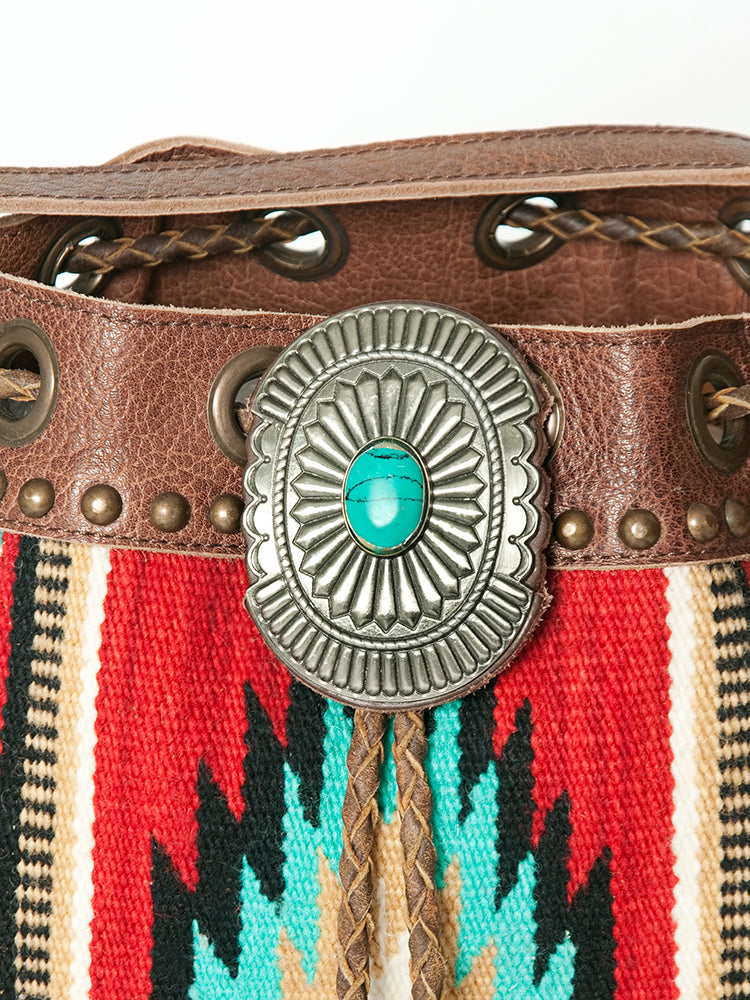 American Darling Bucket Bag Western Leather Hand Woven Saddle Blanket Turquoise Concho Fringes Tassels 11in x 14in