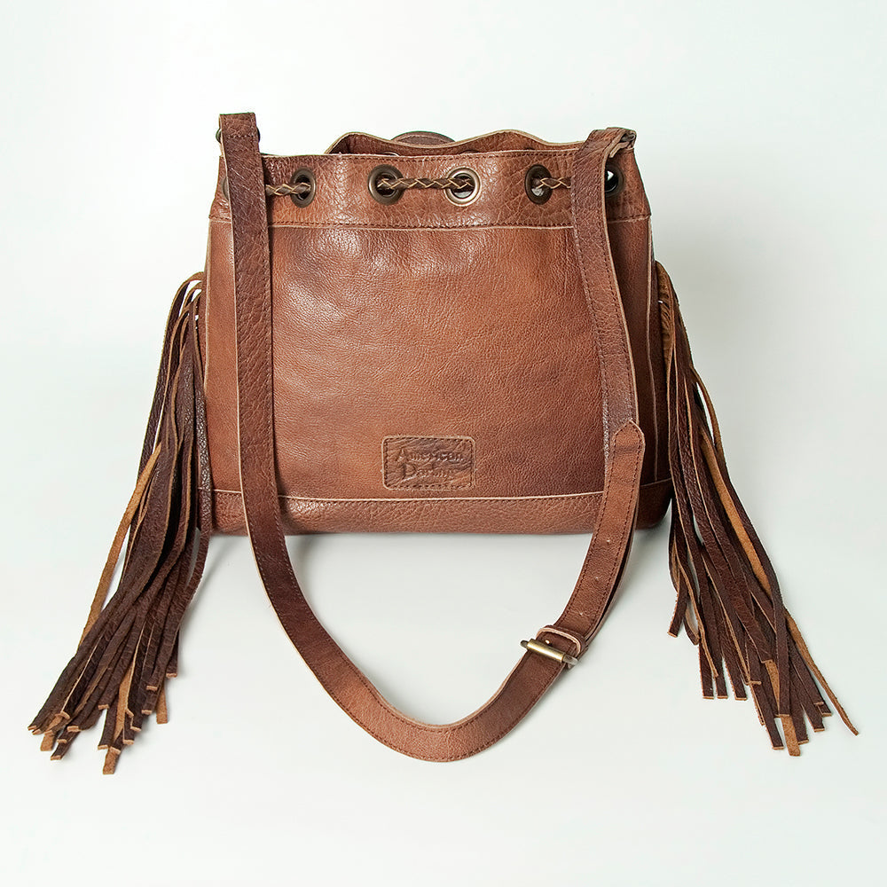 American Darling Bucket Bag Western Leather Hand Woven Saddle Blanket Turquoise Concho Fringes Tassels 11in x 14in