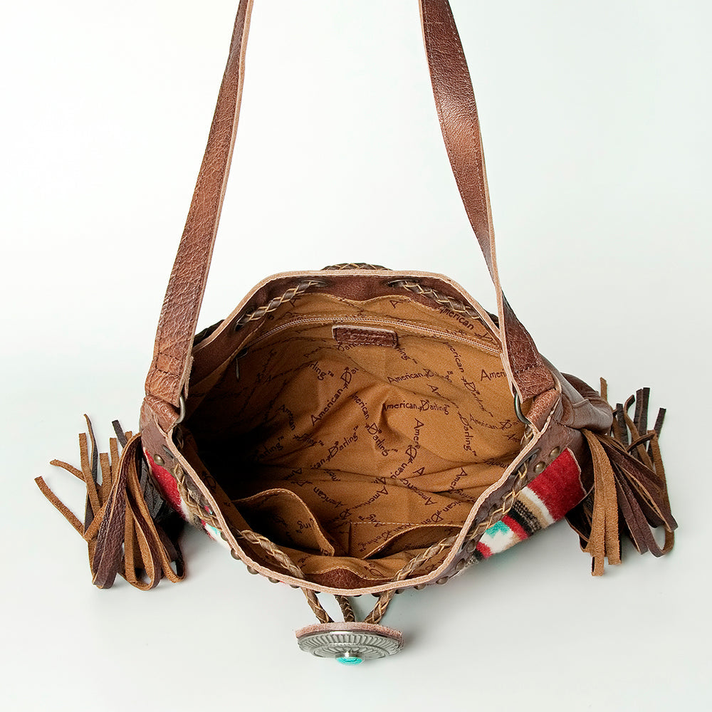 American Darling Bucket Bag Western Leather Hand Woven Saddle Blanket Turquoise Concho Fringes Tassels 11in x 14in