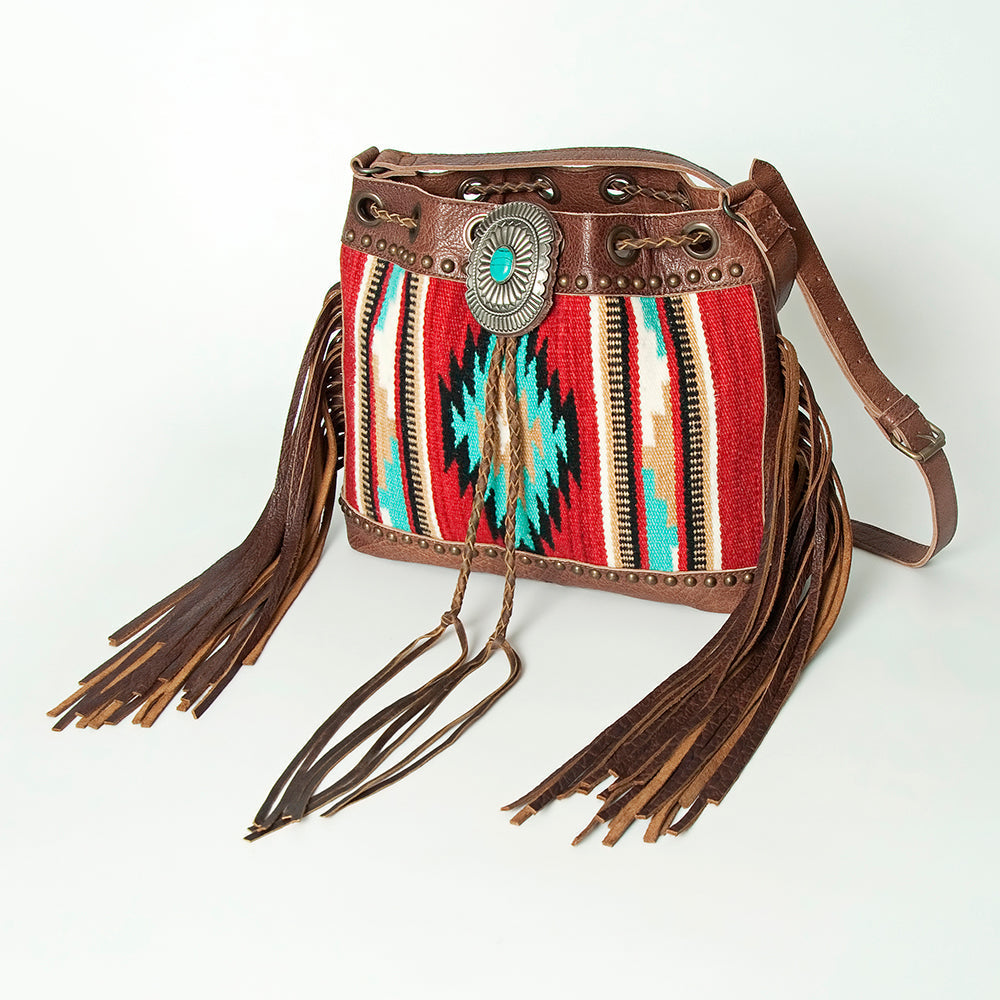 American Darling Bucket Bag Western Leather Hand Woven Saddle Blanket Turquoise Concho Fringes Tassels 11in x 14in