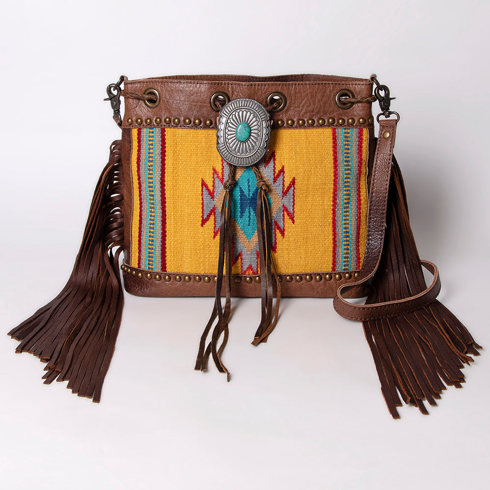 American Darling Bucket Bag Western Leather Hand Woven Saddle Blanket Turquoise Concho Fringes Tassels 11in x 14in