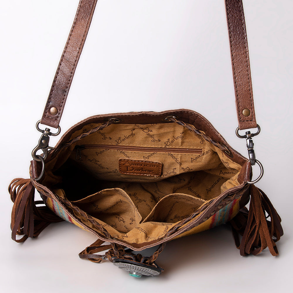 American Darling Bucket Bag Western Leather Hand Woven Saddle Blanket Turquoise Concho Fringes Tassels 11in x 14in