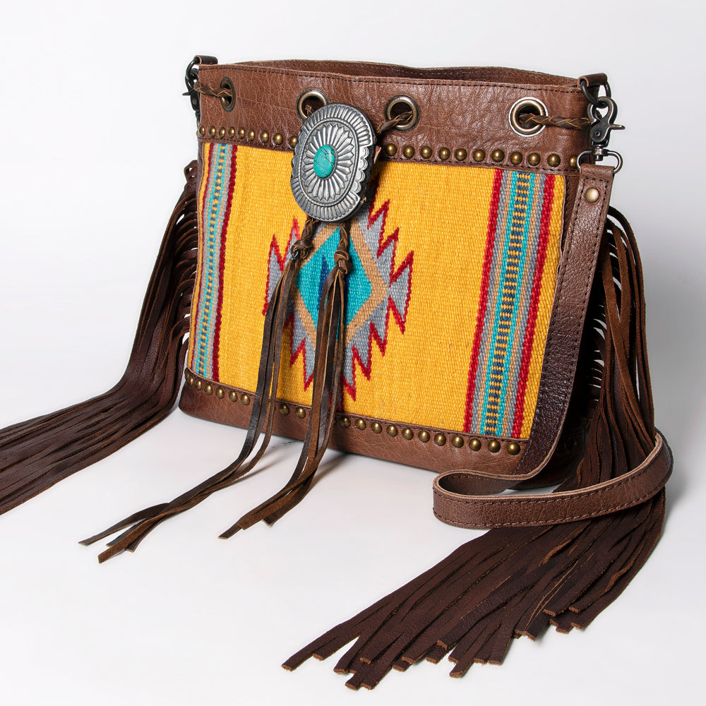 American Darling Bucket Bag Western Leather Hand Woven Saddle Blanket Turquoise Concho Fringes Tassels 11in x 14in