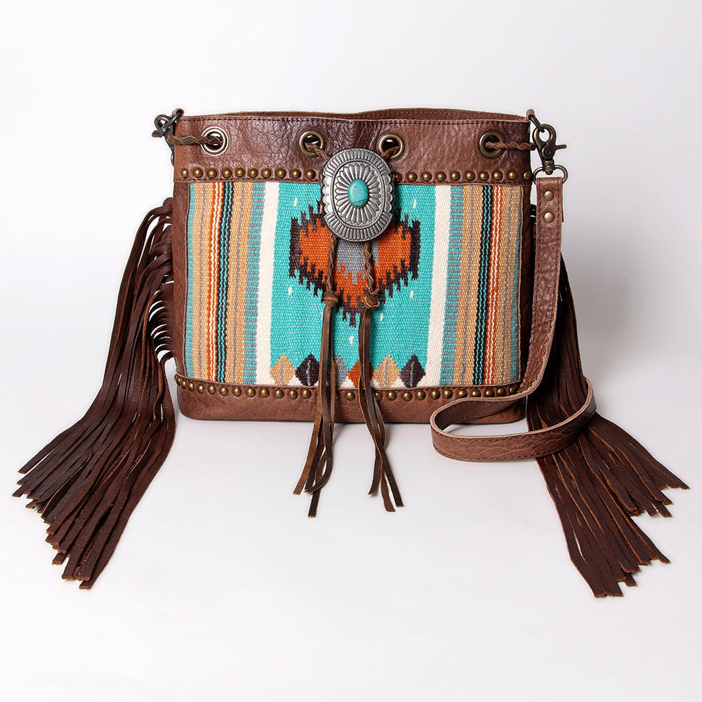 American Darling Bucket Bag Western Leather Hand Woven Saddle Blanket Turquoise Concho Fringes Tassels 11in x 14in