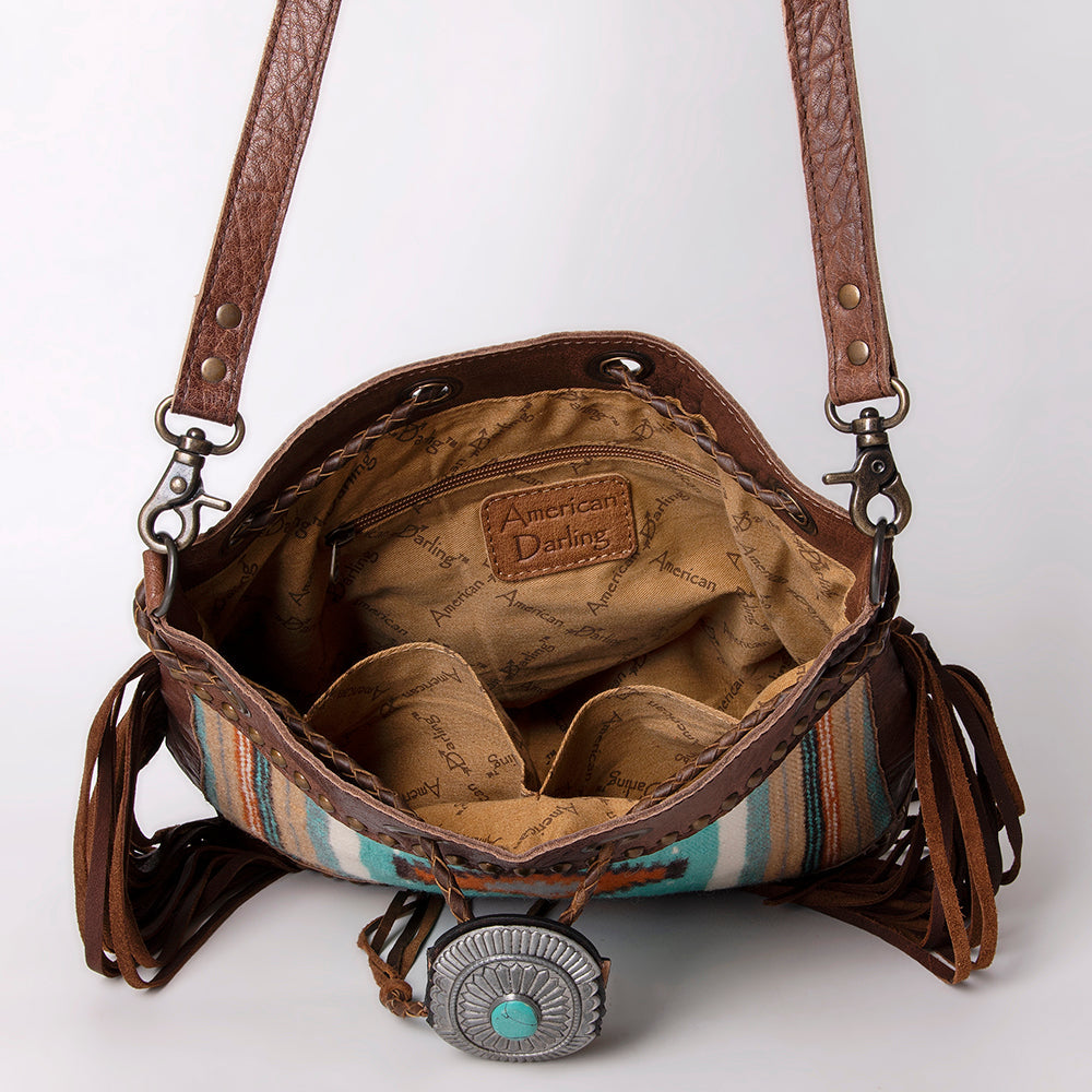 American Darling Bucket Bag Western Leather Hand Woven Saddle Blanket Turquoise Concho Fringes Tassels 11in x 14in