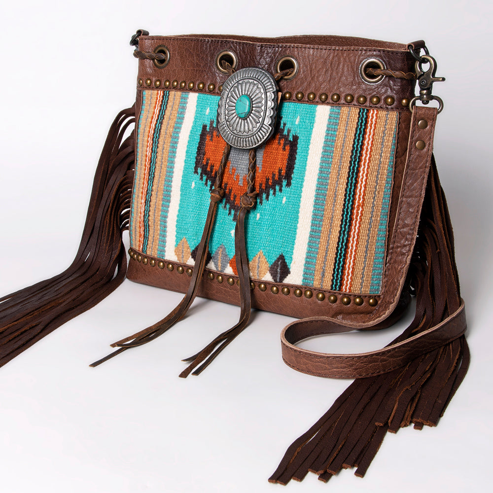 American Darling Bucket Bag Western Leather Hand Woven Saddle Blanket Turquoise Concho Fringes Tassels 11in x 14in