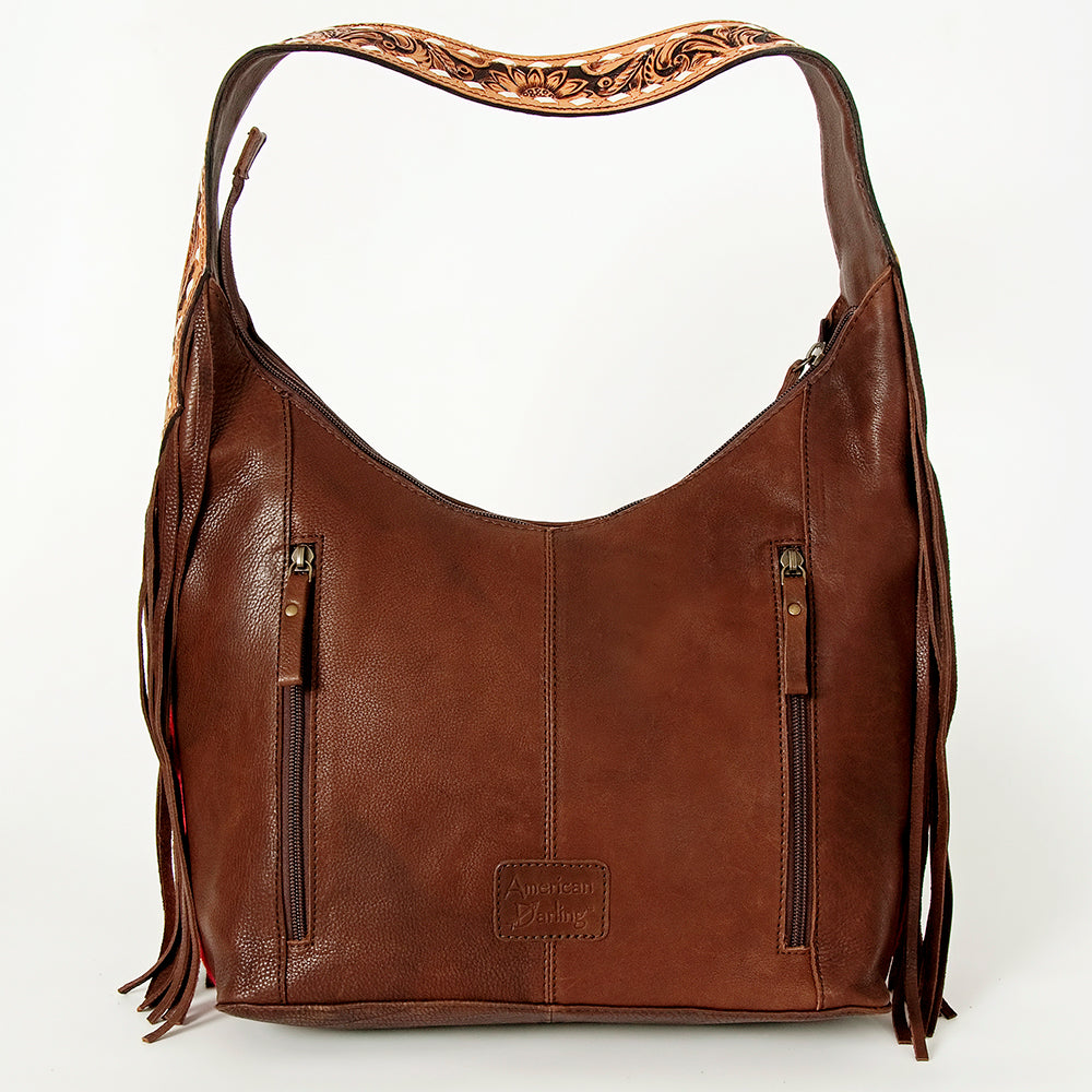American Darling Hand-Woven Saddle Blanket Hobo Bag Women's Genuine Leather Hand Tooled Purse with Fringes & YKK Zipper