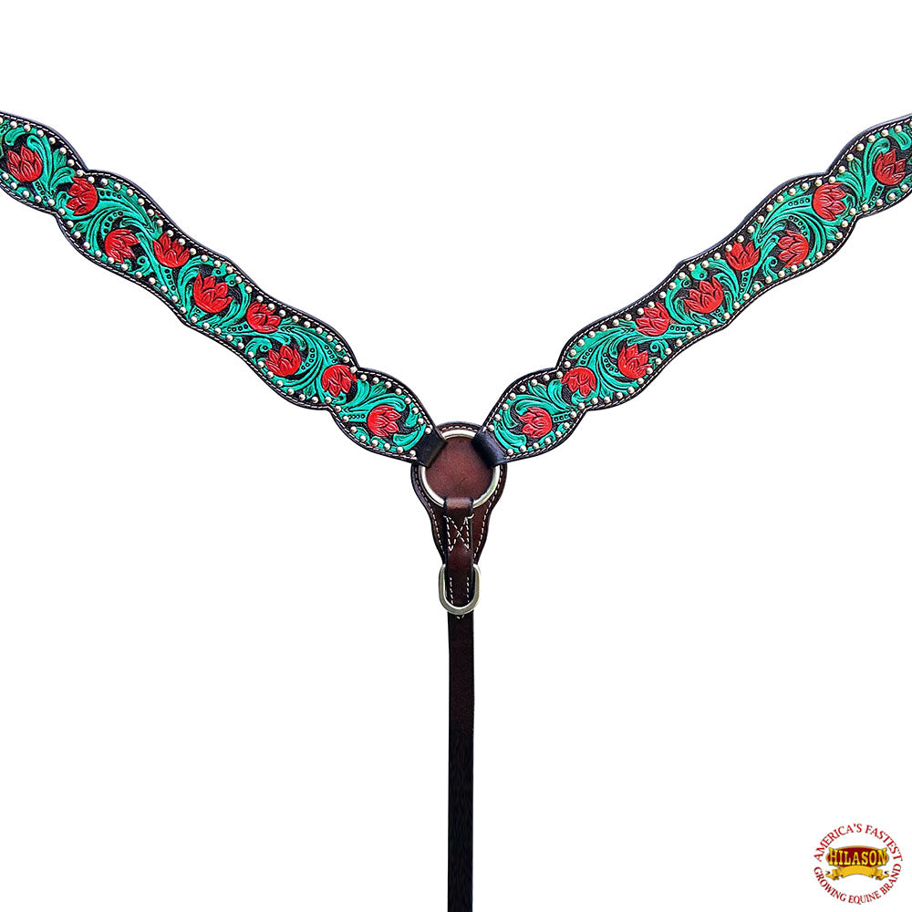 HILASON Western Horse Headstall Breast Collar Set American Leather Floral Dark Brown with Turquoise | Tack for Horses