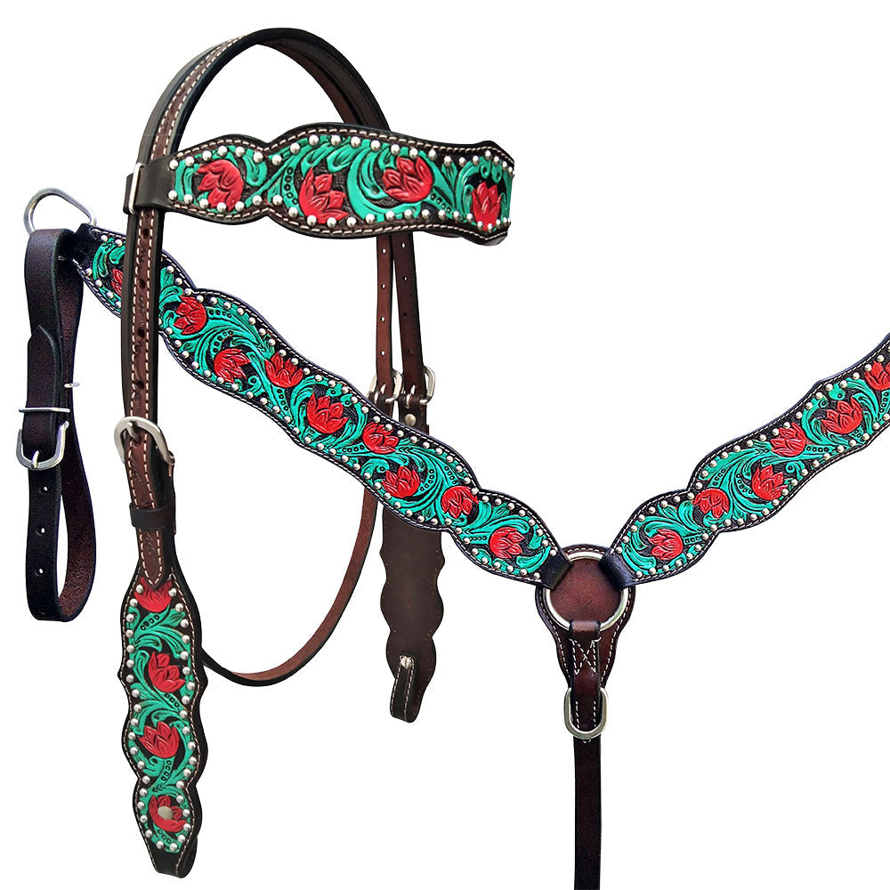 HILASON Western Horse Headstall Breast Collar Set American Leather Floral Dark Brown with Turquoise | Tack for Horses