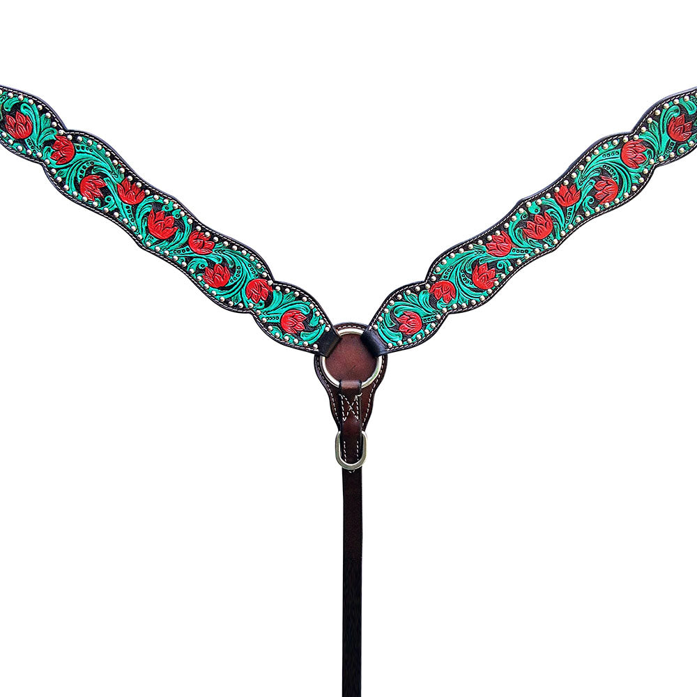 HILASON Western Horse Headstall Breast Collar Set American Leather Floral Dark Brown with Turquoise | Tack for Horses