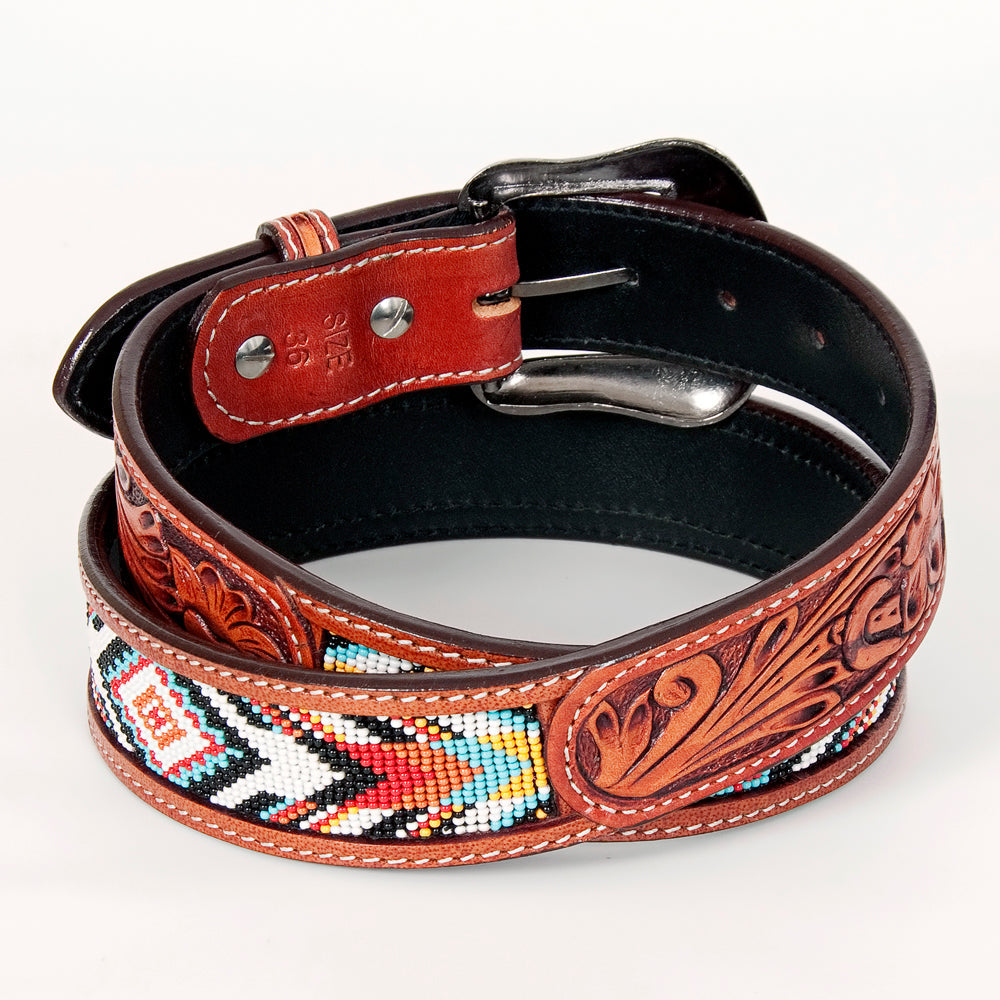 Bar H Equine Hand Tooled Genuine Leather Crafted Unisex Brown Western Belt Beaded Carving | Bead Belts for Women Men