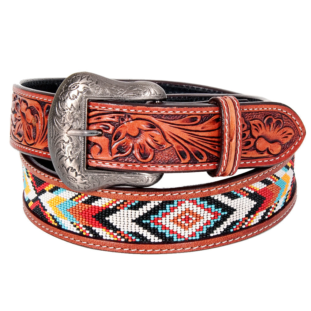 Bar H Equine Hand Tooled Genuine Leather Crafted Unisex Brown Western Belt Beaded Carving | Bead Belts for Women Men